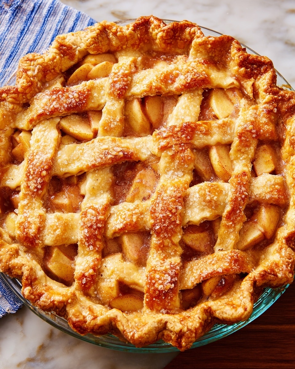 A round apple pie with a golden-brown lattice crust on top, made of wide strips of pie dough woven together, showing soft cooked apple slices with warm cinnamon color oozing slightly at the edges. The crust is thick and flaky with a sugar sprinkle giving a shiny, crunchy texture, and the pie is in a clear glass pie dish. The background is a white marbled surface with a hint of a blue and white striped cloth partially visible. Photo taken with an iphone --ar 4:5 --v 7