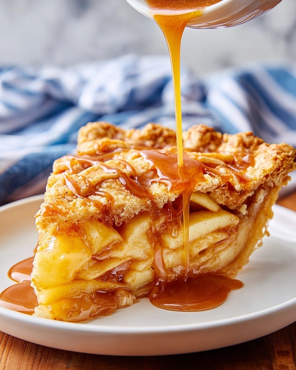 A slice of apple pie on a white plate shows three main layers: a crumbled golden brown crust with a slightly uneven edge on the bottom and sides, a thick layer of soft cooked apple slices in the middle with a yellowish, slightly translucent texture, and a lattice top crust that is light golden with a crisp, flaky look. Rich amber caramel sauce is being poured over the pie, flowing down the sides and pooling slightly on the plate. The pie slice sits on a wooden table with a white marbled texture background and a soft-focused blue and white striped cloth in the back. Photo taken with an iphone --ar 4:5 --v 7