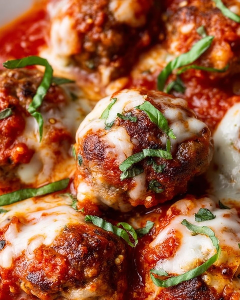 A white bowl filled with many meatballs in red tomato sauce, each meatball topped with melted white cheese that softly drapes over the sides. One meatball is open, showing a crumbly inside mixed with herbs. Thin slices of fresh green basil are scattered over the meatballs and sauce, adding a fresh touch. The tomato sauce is thick with visible bits of tomato and has a shiny texture. The bowl sits on a white marbled surface. photo taken with an iphone --ar 4:5 --v 7