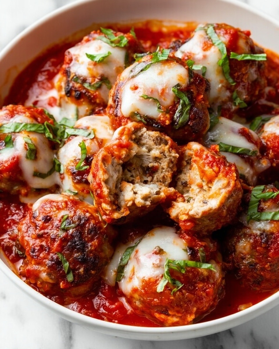 The image shows several browned meatballs covered in melted white cheese and rich red tomato sauce, topped with thin strips of fresh green basil leaves. The meatballs are textured with a slightly crispy outer layer, and the cheese appears soft and creamy, melting over each meatball in irregular patches. The tomato sauce surrounds the meatballs with a chunky, thick consistency, creating a vibrant red background. The dish is presented closely so details of each meatball’s surface and cheese melting are clear. Photo taken with an iphone --ar 4:5 --v 7