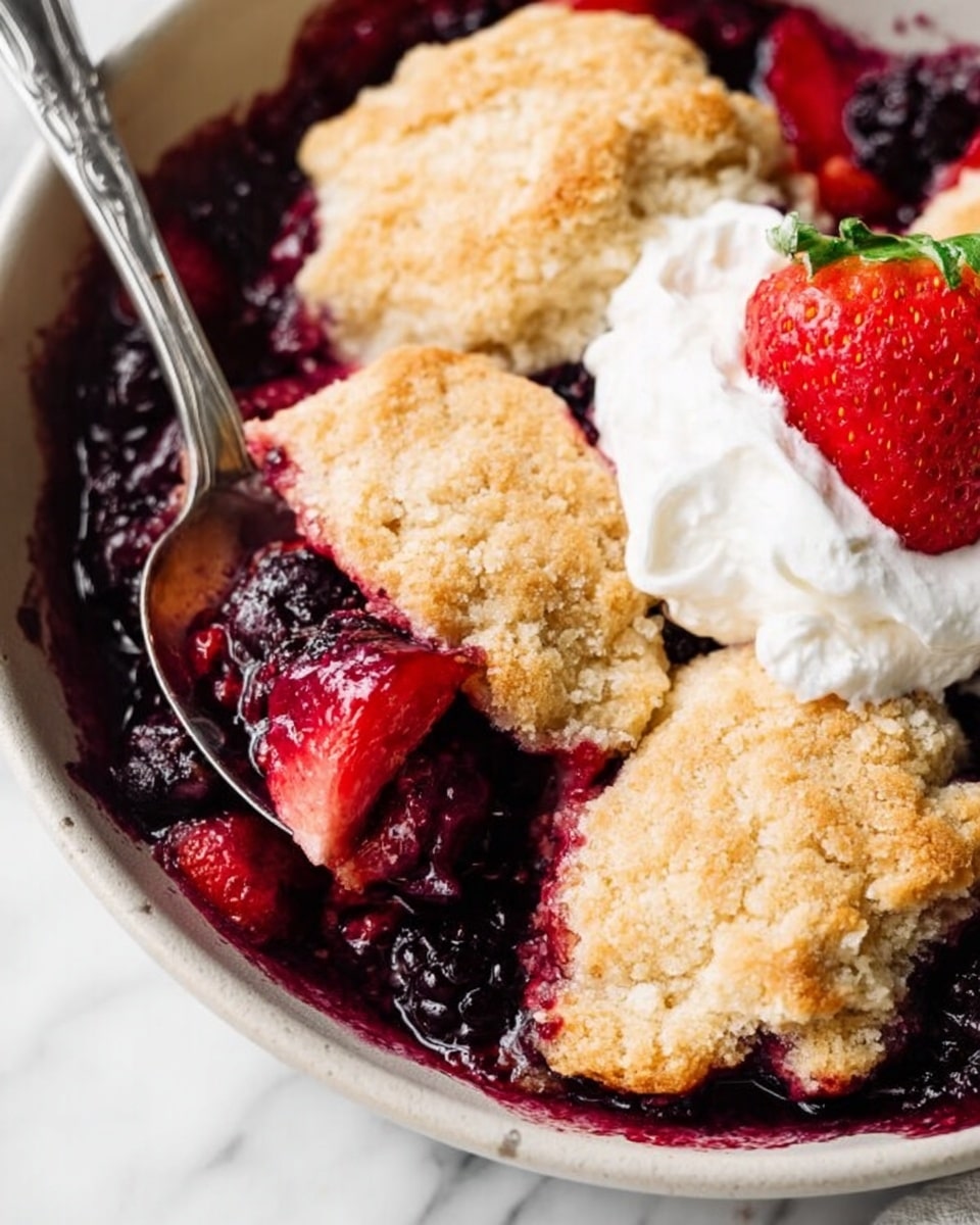 The image shows a white bowl filled with three main layers: a golden-brown crumbly top layer that looks crispy, a rich dark purple berry filling below it, and a smooth, white scoop of what seems like ice cream or cream sitting on the side of the bowl. Around the bowl, on a white marbled surface, there are two spoons and some fresh strawberries, one sliced in half showing its red interior. The scene feels bright and fresh with soft natural light, and a light pink cloth is partially visible under the bowl. photo taken with an iphone --ar 4:5 --v 7
