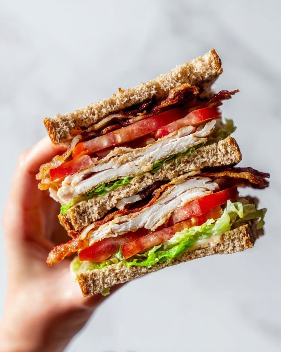 A close-up of a sandwich held by a woman's hand, showing three layers of whole grain bread with a rough texture. The sandwich is filled with crisp green lettuce, slices of red tomato, crispy bacon strips with dark edges, and thick slices of white turkey. The sandwich layers are stacked neatly, showing the contrast between the green, red, and brown colors against the bread. The background is a white marbled texture. photo taken with an iphone --ar 4:5 --v 7