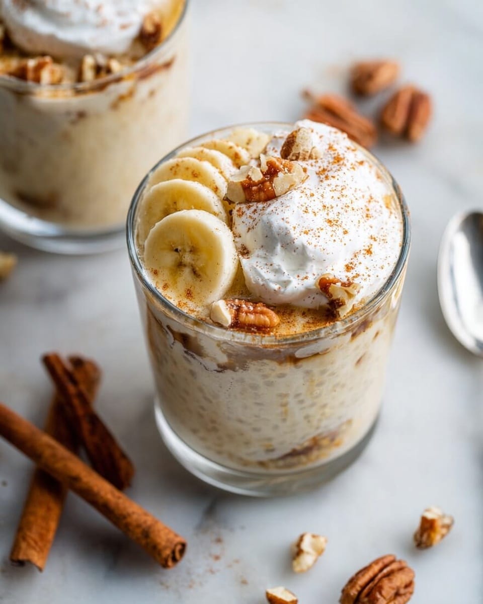 A transparent glass filled with three main layers: the bottom thick oatmeal layer speckled with small chia seeds, topped by a layer of banana slices arranged along one side, and a top layer of creamy white yogurt mixed with chopped pecans and a light dusting of cinnamon. A silver spoon is placed inside the glass on the right side. The glass rests on a white marbled surface with some scattered pecans and cinnamon sticks around it. Photo taken with an iphone --ar 4:5 --v 7
