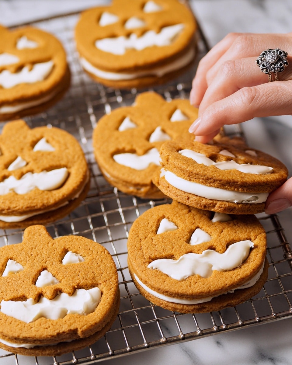 The image shows several jack-o'-lantern shaped pumpkin cookies on a metal cooling rack with a white marbled surface underneath. Each cookie has two layers: the top and bottom layers are light brown with pumpkin face cutouts that reveal white icing sandwiched between the layers. The icing layer is smooth and thick, filling the space between the cookie layers. A woman's hand with a detailed silver ring is gently holding one cookie from the right side. photo taken with an iphone --ar 4:5 --v 7