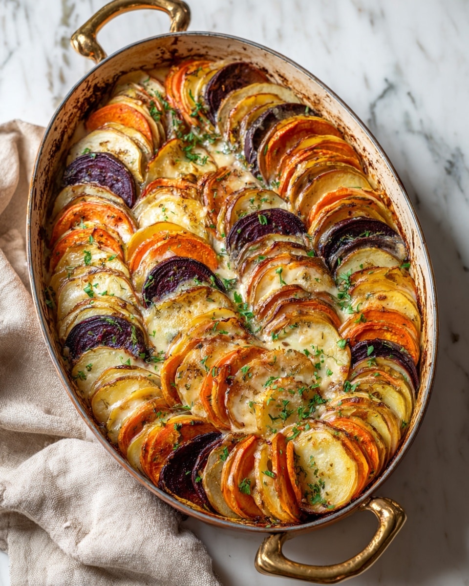 A baking dish holds a layered potato gratin with five rows of thinly sliced vegetables arranged side by side. From top to bottom, the first row is deep orange sweet potatoes with a slightly crispy top, followed by pale yellow potatoes with a soft, creamy look, then dark purple potatoes with a slightly charred texture. The fourth row shows bright orange sweet potatoes with a caramelized surface, and the last row contains creamy white potatoes with small brown edges. Some fresh green herbs are sprinkled on top. A metal spoon rests inside the dish. The dish sits on a white marbled surface photo taken with an iphone --ar 4:5 --v 7