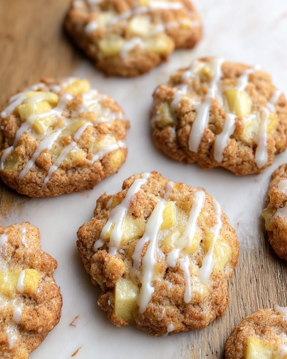 Several round cookies are arranged on a surface with a white marbled texture. Each cookie has a golden brown color with a rough, crumbly texture and visible chunks of light yellow apple pieces embedded inside. White icing is drizzled over the top of each cookie in thin, uneven lines, creating a contrast with the warm tones of the cookie. The cookies appear soft and moist, with the icing slightly glossy. photo taken with an iphone --ar 4:5 --v 7