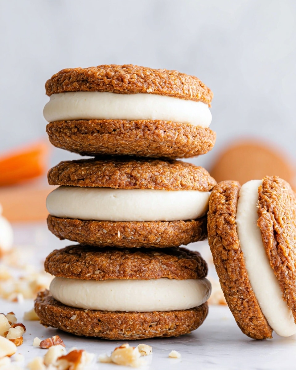 A stack of three sandwich cookies is shown, each made of two soft brown textured cookie layers with small visible bits inside. Between the cookie layers, there is a thick, smooth, creamy white filling that is evenly spread and slightly rounded on the edges. One more cookie sandwich leans against the stack on the right side, showing the same layers. The cookies sit on a white marbled surface with some small chopped nuts near the base and blurred light items in the background. The photo taken with an iphone --ar 4:5 --v 7