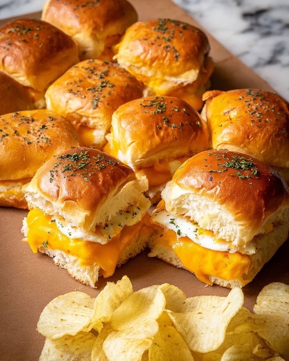 The image shows a group of soft, golden-brown slider buns arranged on a brown surface with a white marbled texture. The buns have a shiny, slightly crispy top sprinkled with green herbs. Each slider has one or two layers of bright orange melted cheese and a thick white layer of cooked egg. Some sliders are whole in the background, while four sliders are cut and placed in the foreground. Potato chips in pale yellow with some curled edges are scattered around the sliders. photo taken with an iphone --ar 4:5 --v 7