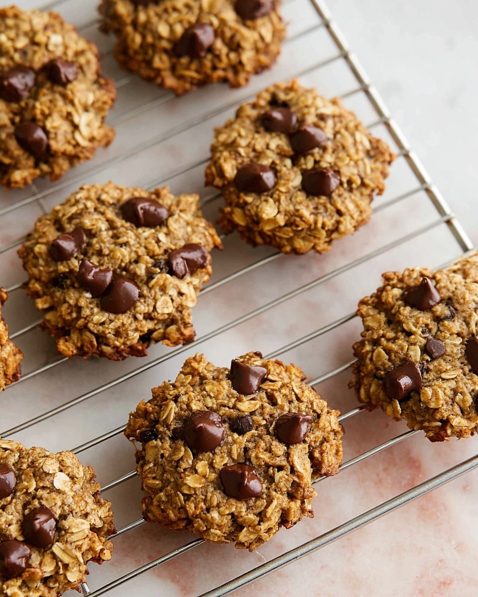 The image shows several round oatmeal cookies with chocolate chips on top, placed on a cooling rack. Each cookie has a rough texture with visible oats and scattered dark brown chocolate chips that create small bulges on the surface. The cookies have a light golden-brown color, indicating they are baked, and the edges are slightly darker and crisp. The cooling rack is silver and sits on a white marbled surface, providing a clean and simple background. The photo taken with an iphone --ar 4:5 --v 7