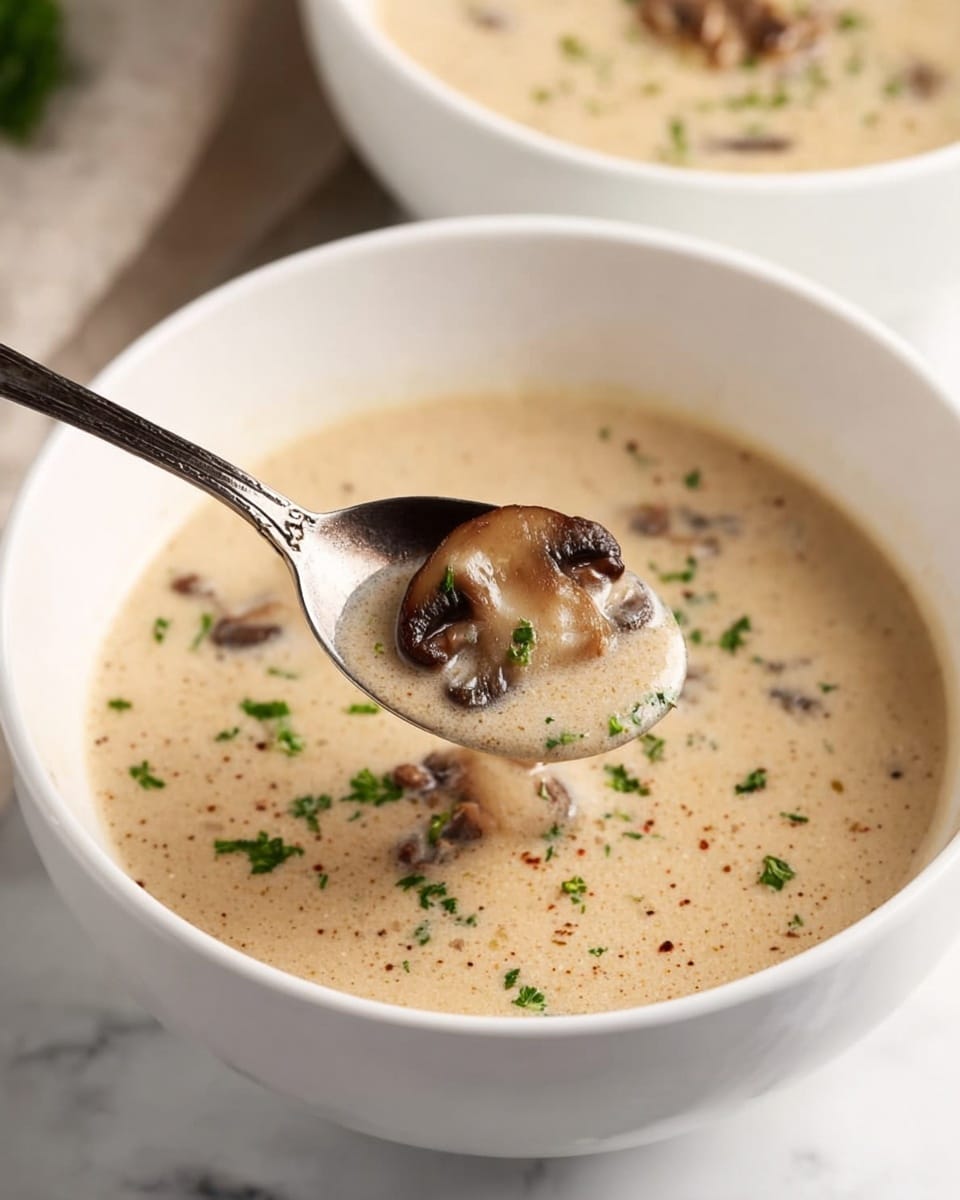 A white bowl filled with creamy beige soup containing small pieces of brown mushrooms and green parsley sprinkled on top. A dark spoon is lifting some soup and mushroom pieces out of the bowl, showing the smooth texture of the soup. The bowl is set on a white marbled surface with another white bowl of the same soup blurred in the background. photo taken with an iphone --ar 4:5 --v 7