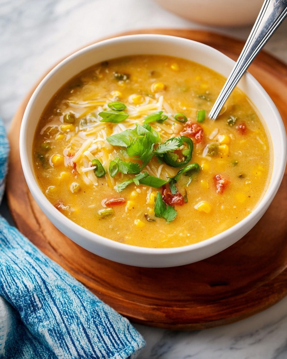 A white bowl filled with a thick, orange-yellow soup containing visible pieces of corn, green peppers, and small bits of meat. The soup is topped with a small pile of shredded white cheese, bright green sliced scallions, a few fresh cilantro leaves, and a sprinkle of red spice. A silver spoon is resting in the bowl on a wooden surface, with a blue and white cloth nearby on a white marbled background. photo taken with an iphone --ar 4:5 --v 7