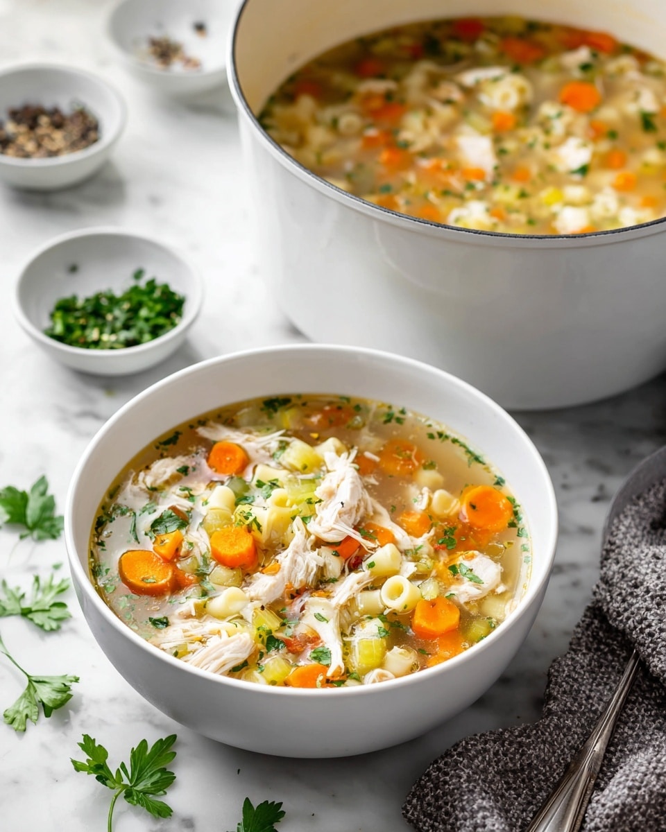 A white bowl filled with clear chicken soup, showing three main layers: the light brown broth as the base, with orange carrot cubes and small green herb bits floating throughout, and white shredded chicken pieces mixed evenly. A wooden-handled spoon rests inside the bowl. Behind it, a large gray pot filled with more soup sits on a white marbled surface, along with small white dishes of chopped green herbs and black pepper. Some scattered herb leaves add extra detail. Photo taken with an iphone --ar 4:5 --v 7