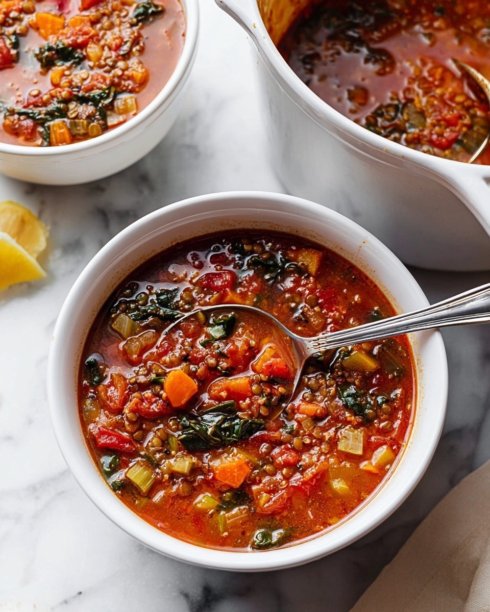 The image shows a close-up of a white bowl filled with vegetable soup that has multiple layers of ingredients. The soup has a thick, red broth filled with chunks of orange carrot, green celery, white onion, leafy dark green spinach, and pieces of red tomato, all mixed with grains or lentils giving a textured look. A metal spoon rests inside the bowl, slightly lifting some of the soup. Behind this bowl, there is a white soup pot with a wide rim and a spoon resting on top, both showing some soup stains inside. Part of another white bowl with the same soup is visible in the background. The scene is set on a white marbled surface with a small piece of lemon visible near the edge of the image. Photo taken with an iphone --ar 4:5 --v 7