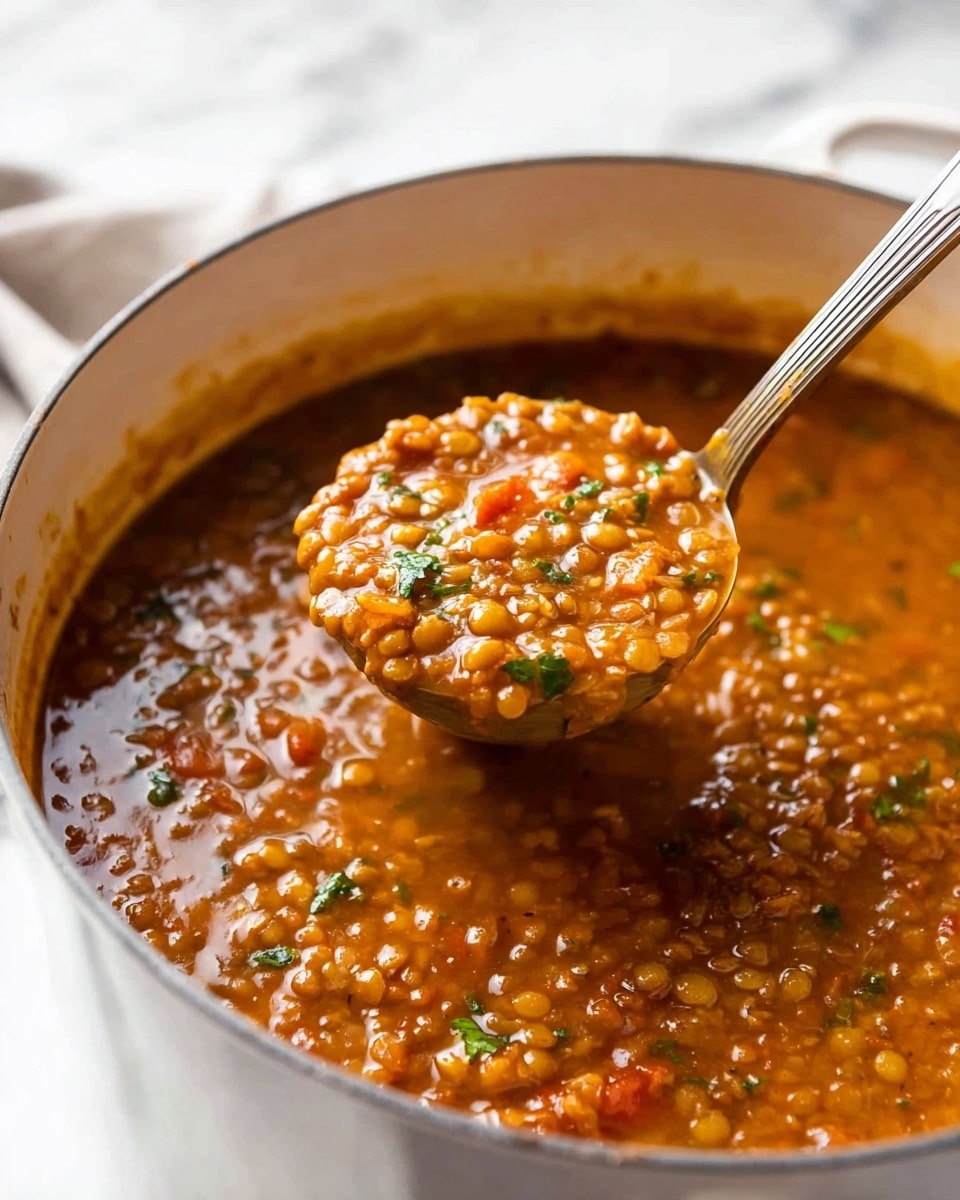 A close-up view of a thick lentil soup in a white pot, showing a rich brown and orange color with small green herb bits mixed in. The soup has a chunky texture with visible lentils and small vegetable pieces like tomato bits. A silver ladle is lifting the soup out of the pot, and the soup looks hearty and warm. The pot is placed on a white marbled surface, giving a clean and bright background. photo taken with an iphone --ar 4:5 --v 7