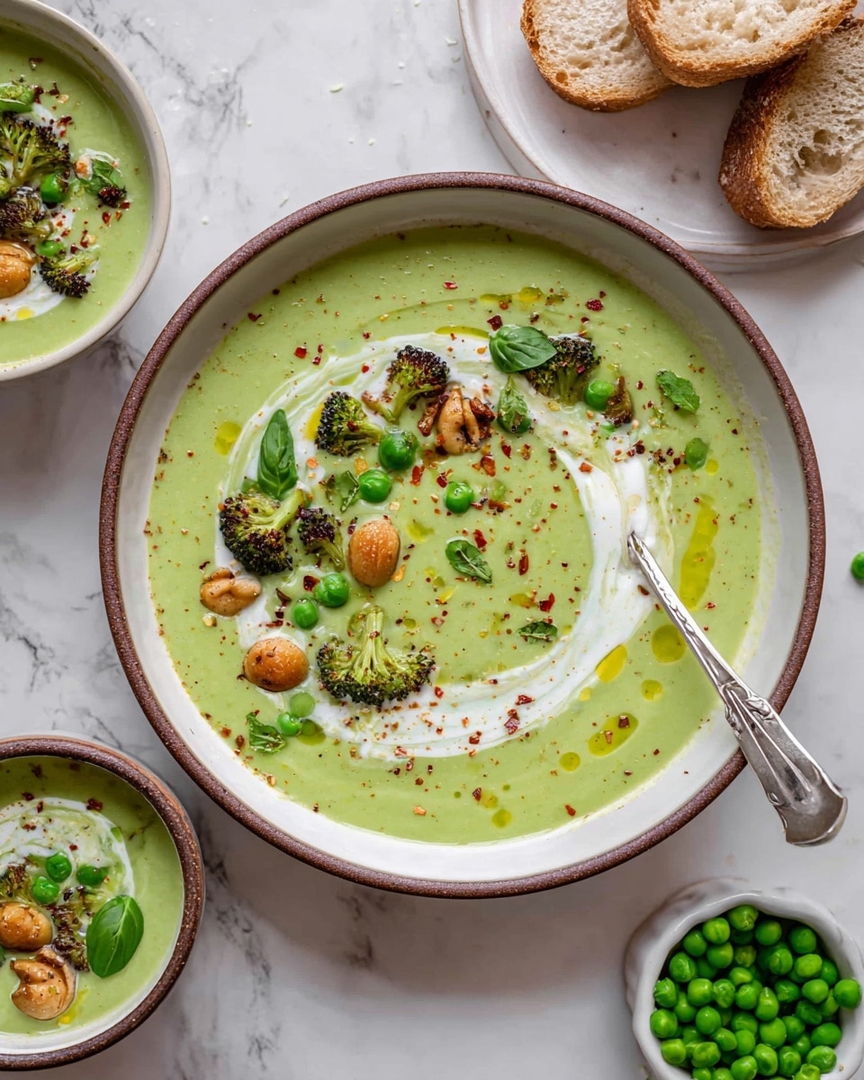 A bowl filled with a smooth light green soup, topped with a swirl of white cream forming a round pattern on the surface. Scattered across the soup are bright green peas, roasted golden nuts, and small dark green broccoli florets. There are tiny red chili flakes sprinkled over the top and small fresh green basil leaves adding a fresh touch. The soup has a drizzle of light yellow olive oil on one side. The bowl is white with a subtle brown rim, sitting on a white marbled surface with a silver spoon placed inside the bowl. Nearby, a small white dish holds extra fresh green peas, and a white plate holds two slices of brown bread. Photo taken with an iphone --ar 4:5 --v 7