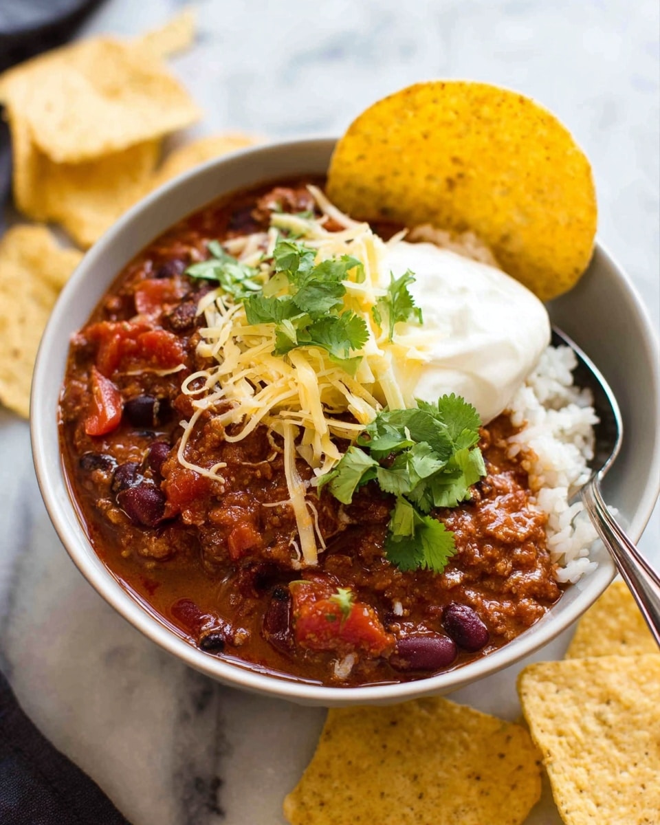The image shows a white bowl filled with three main layers: the bottom layer is white rice, the middle layer is thick reddish-brown chili with chunks of tomatoes and black beans, and the top layer has a creamy white dollop of sour cream, shredded pale yellow cheese, and a few green cilantro leaves. A round yellow tortilla chip is dipped into the chili on the side of the bowl. The bowl sits on a white marbled surface with a few more round yellow tortilla chips scattered around it. A silver spoon rests inside the bowl, partially submerged in the chili. Photo taken with an iphone --ar 4:5 --v 7