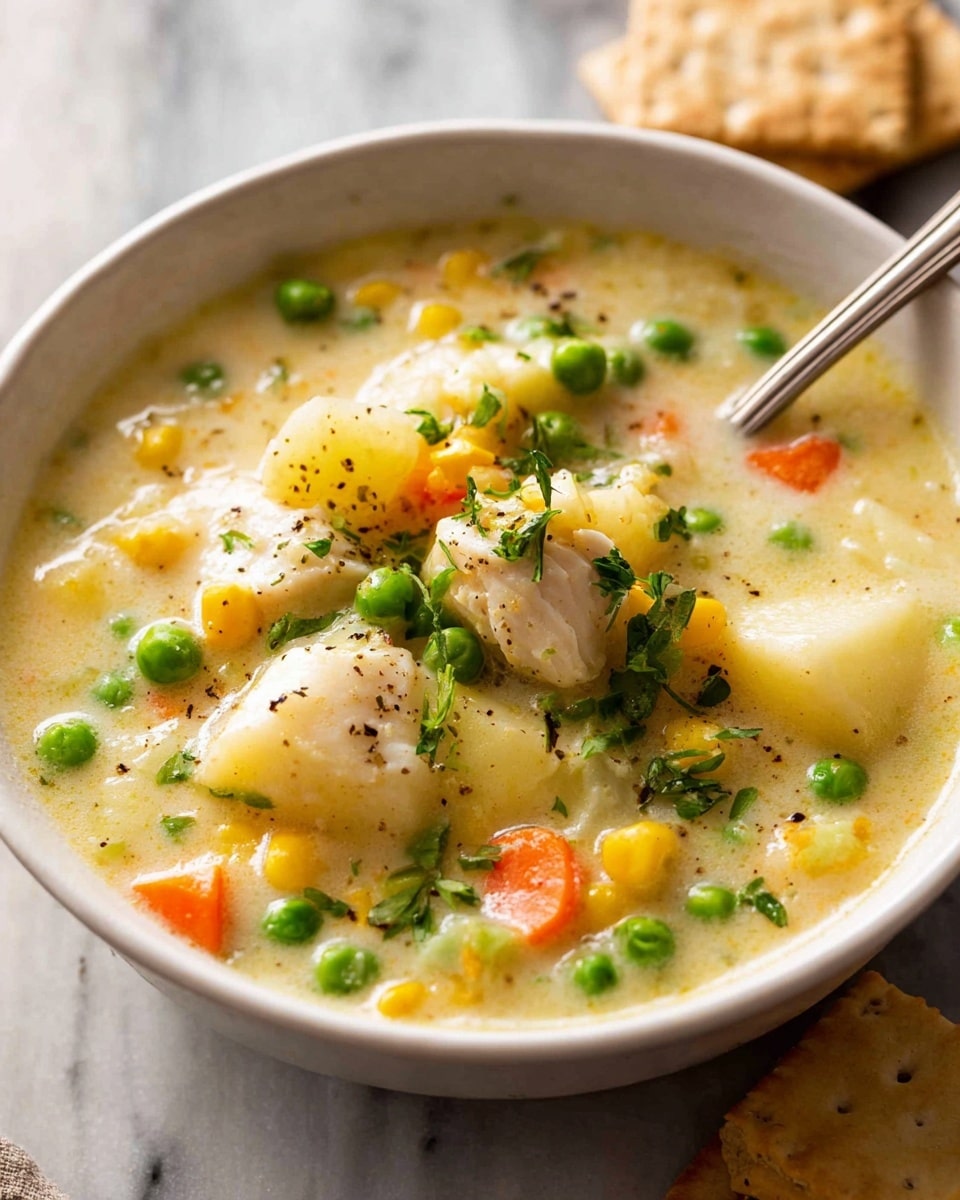 A close-up view shows a white bowl filled with thick creamy soup that looks smooth and pale beige in color. Inside the soup, small green peas and light chunks of meat or vegetables are scattered evenly. A piece of soft bread with a light crust is dipped halfway into the soup, held by a woman's hand, showing a moist and creamy surface on the part soaked in the soup. The background is a white marbled texture. photo taken with an iphone --ar 4:5 --v 7