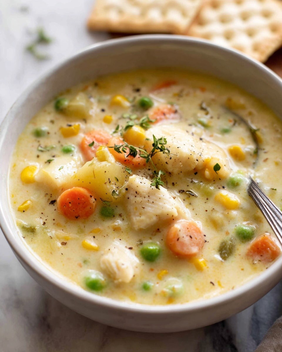 A white bowl filled with creamy soup showing several layers: a thick light yellow broth base, chunks of white fish and white potato pieces, bright green peas and sliced green onions, small orange carrot slices, and yellow corn kernels scattered throughout. The soup is sprinkled with black pepper and fresh green herbs on top. A metal spoon rests inside the bowl, set on a white marbled surface, with some crackers blurred in the background. Photo taken with an iphone --ar 4:5 --v 7