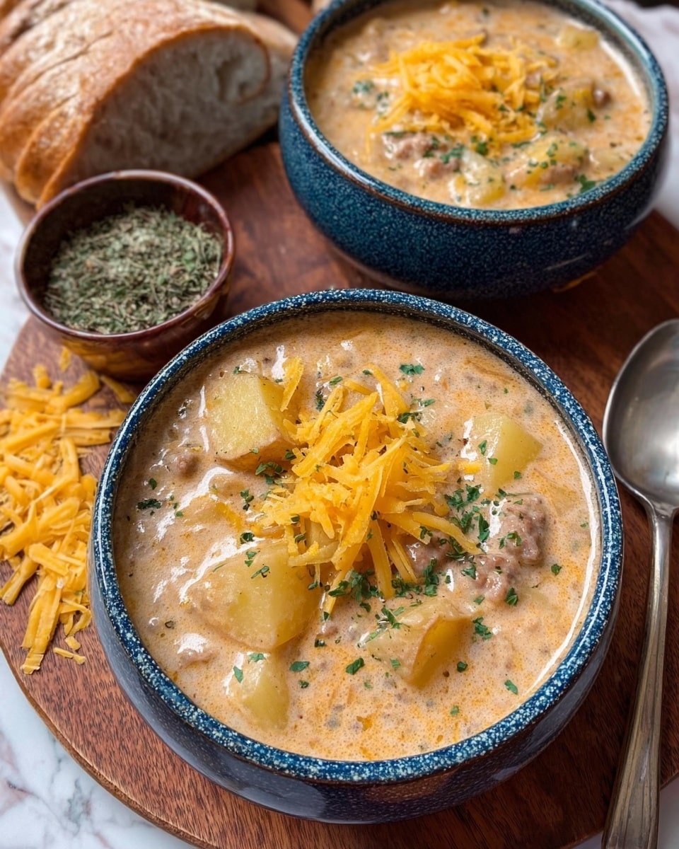 This image shows a thick creamy soup in two speckled blue bowls placed on a wooden board. The soup has chunky pieces of potato and small bits of meat all mixed in a smooth, light brown broth. Each bowl is topped with a small pile of thin, bright yellow shredded cheese and a light sprinkle of finely chopped green herbs. To the left, there is a small brown bowl filled with dried green herbs and a few shreds of cheese scattered on the wooden surface. In the background, there is sliced bread with a crusty golden outside and soft white inside, and two clear drinking glasses sitting on a white marbled surface. photo taken with an iphone --ar 4:5 --v 7