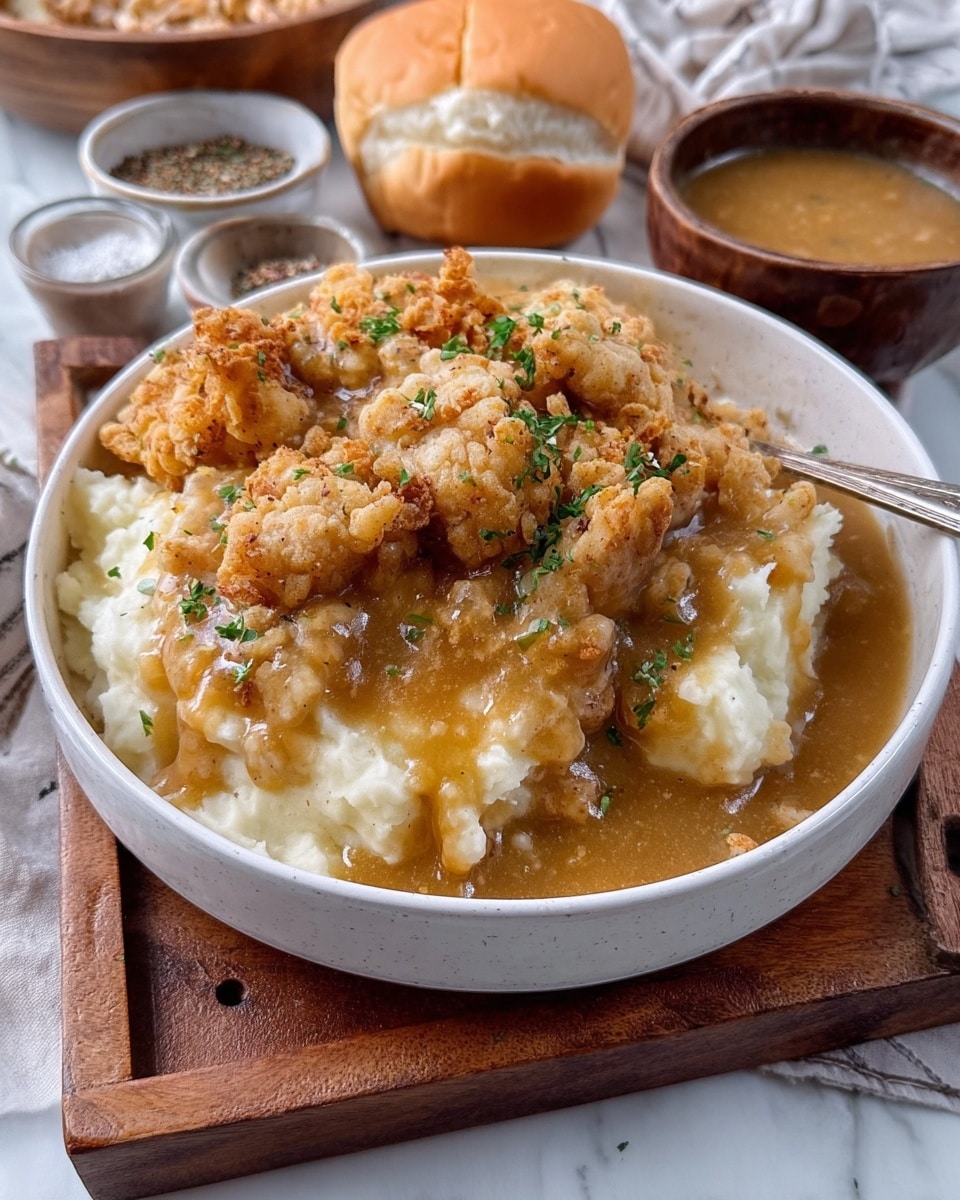 The dish shows a white bowl filled with three main layers. The bottom layer is creamy white mashed potatoes with a smooth texture covering the entire base. The middle layer is a golden-brown crispy fried chicken piece placed on top of the mashed potatoes. The top layer is a thick, light brown gravy with a slightly glossy texture covering most of the chicken and mashed potatoes. Small green herb flakes are sprinkled on the top gravy, adding color contrast. The bowl sits on a wooden board alongside a silver spoon with some gravy on it, and there are small bowls of seasoning and herbs in the background on a white marbled surface. A woman's hand is holding the silver spoon near the bowl. photo taken with an iphone --ar 4:5 --v 7