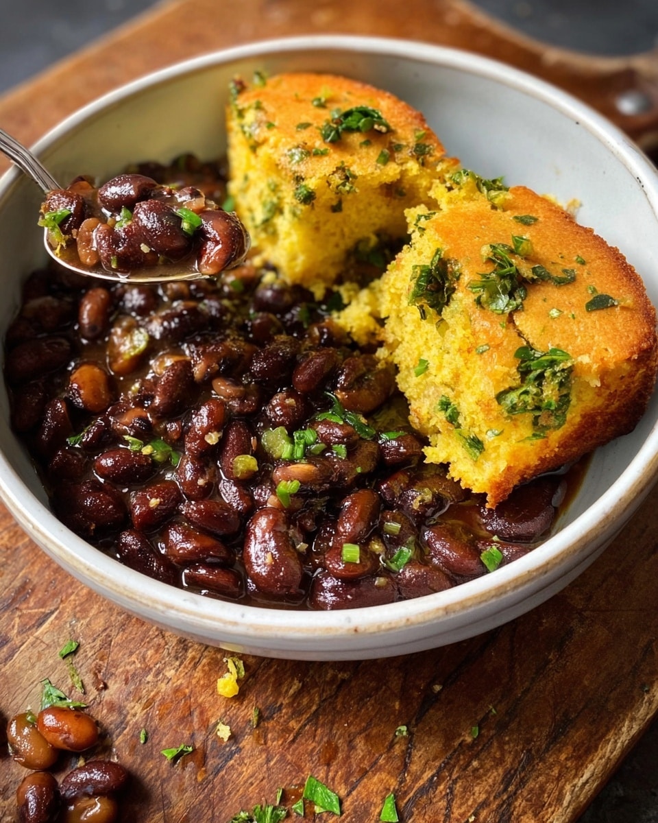 A white round plate sits on a wooden board with two distinct halves: the left half has two pieces of golden cornbread showing a crumbly, slightly rough texture with bits of corn kernels and sprinkled green herbs on top, while the right half holds a thick layer of shiny, dark brown baked beans garnished with chopped green herbs. A silver fork rests on the top right edge of the plate. Behind the plate, a white rectangular baking dish contains more golden cornbread, with a woman’s hand reaching in from the top left. Nearby on the wooden board is a small bowl filled with chopped green herbs, and the surface below is a white marbled texture. Photo taken with an iphone --ar 4:5 --v 7