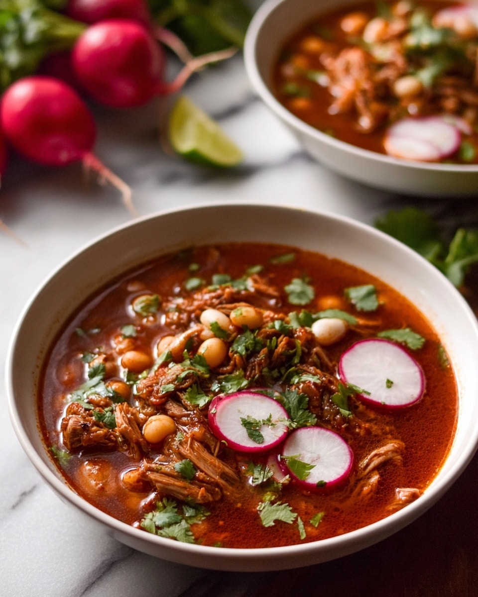 The dish shows a white bowl filled with a red-brown soup that has a thick broth. Inside the soup, there are shredded pieces of meat, white hominy kernels, and slices of radish with pink edges and white centers floating on top. Sprigs of green cilantro are scattered on the surface, adding a fresh touch. A wedge of lime is partially visible inside the soup near the edge of the bowl. In the background, there is another similar bowl of soup slightly blurred, and some whole radishes with green tops are placed on a white marbled surface. Photo taken with an iphone --ar 4:5 --v 7