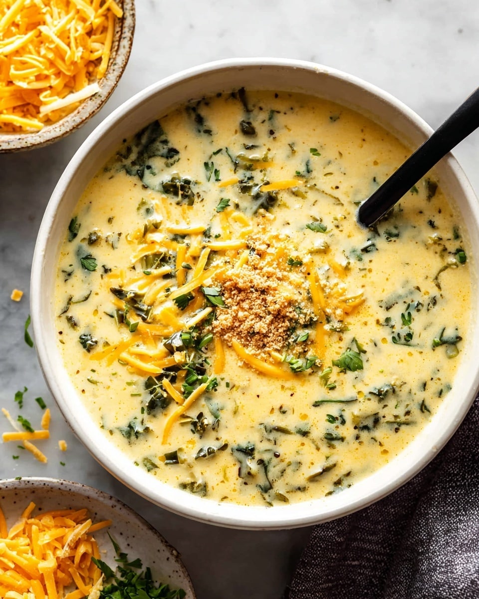 A white bowl filled with thick, creamy yellow soup with visible green leafy bits and small chunks of yellow cheese scattered throughout. On top, there are small piles of golden brown crumbs and chopped green herbs for garnish. A spoon with a shiny silver bowl and black handle rests inside the soup, lifting a portion that shows the dense texture and mix of ingredients. The bowl sits on a white marbled surface, with part of another bowl of soup and a small white bowl of orange shredded cheese nearby. Photo taken with an iphone --ar 4:5 --v 7