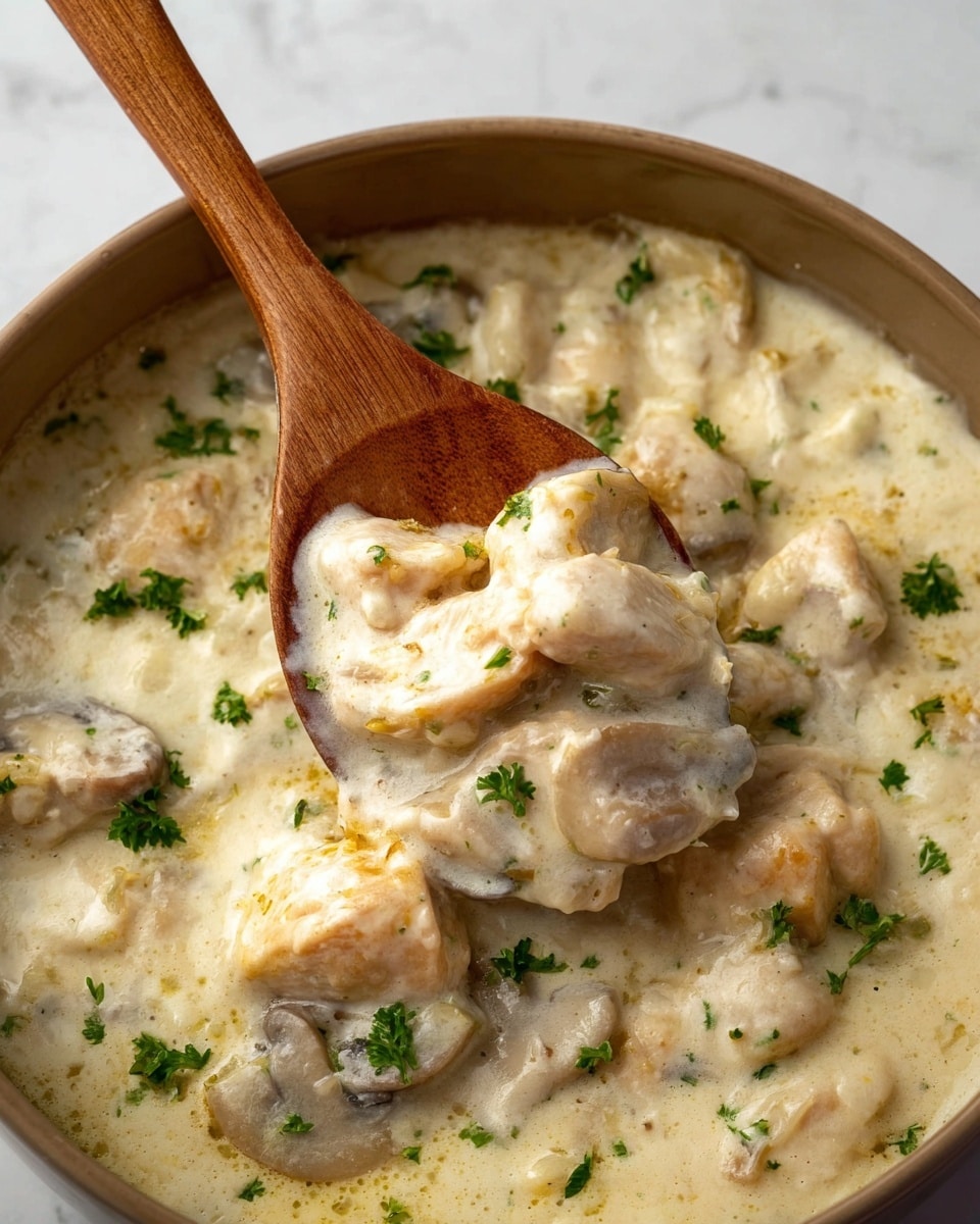 This image shows a thick creamy white sauce with soft chunks of light-colored chicken and some visible slices of pale mushrooms. The sauce is smooth and rich with a slightly shiny texture, garnished with small bright green parsley pieces scattered on top. A wooden spoon is scooping a portion of the sauce, holding some chicken and mushrooms in the creamy mixture. The background has a white marbled texture, adding a clean and simple look to the scene. Photo taken with an iphone --ar 4:5 --v 7