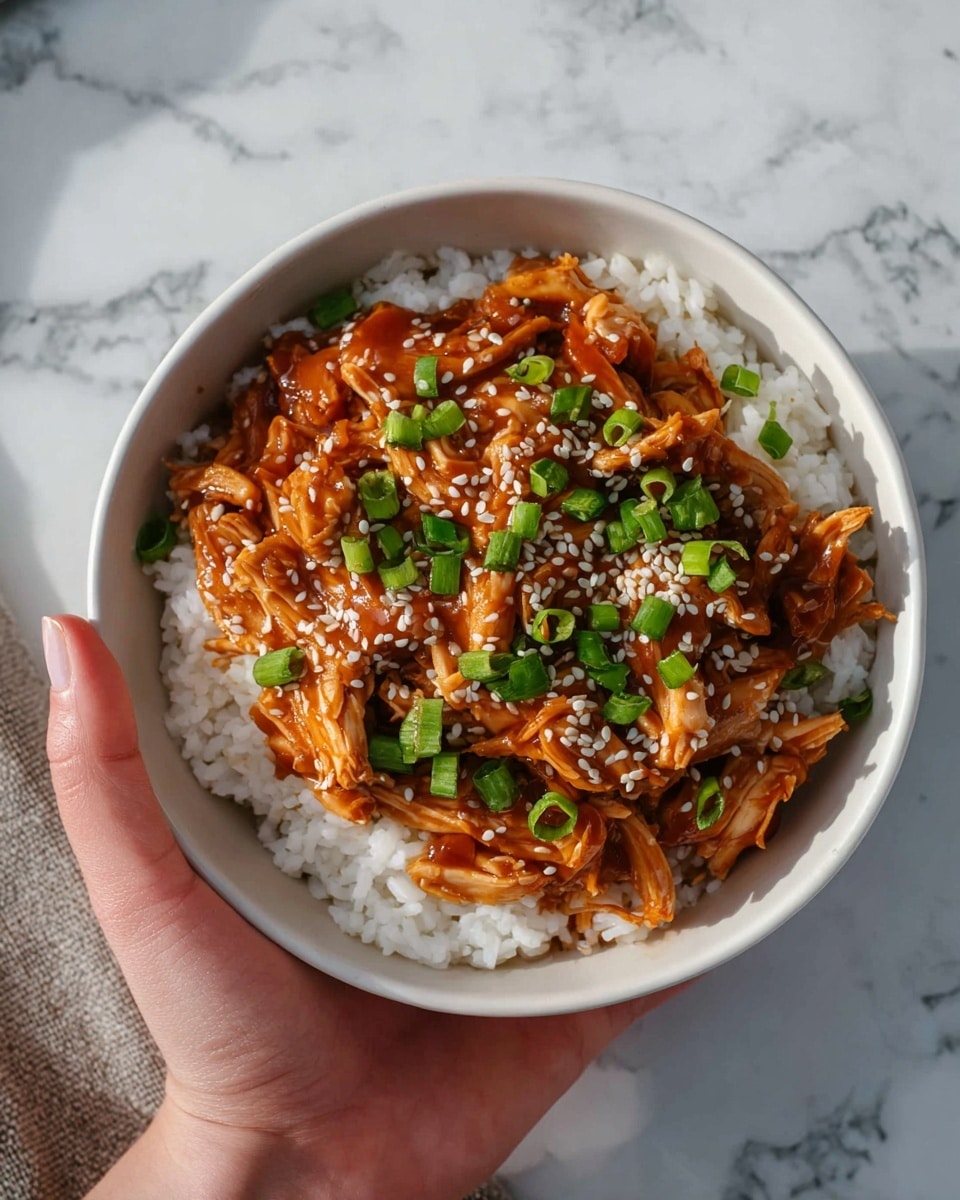 A white bowl filled with two main layers: the bottom layer is fluffy white rice, and the top layer is shredded chicken covered in a shiny brown sauce. The chicken is garnished with small green onion pieces and white sesame seeds scattered on top. In the background, there is a small white bowl filled with chopped green onions, and the scene is set on a white marbled surface with parts of a slow cooker and a textured cloth partially visible. Photo taken with an iphone --ar 4:5 --v 7