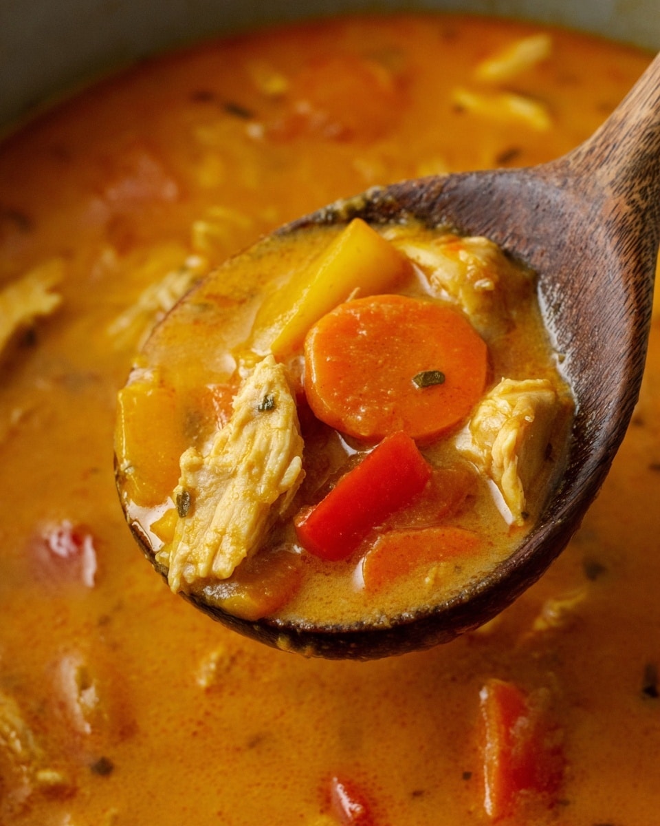 A close-up view of a thick orange soup with visible pieces of chicken, sliced carrots, and chunks of yellow and red bell peppers, all held together in a wooden ladle that is lifting the stew out of a pot. The soup looks smooth and creamy with brightly colored vegetable pieces and tender chicken mixed throughout, sitting in the ladle against a background of the same soup with chunks floating around, all on a white marbled surface. photo taken with an iphone --ar 4:5 --v 7