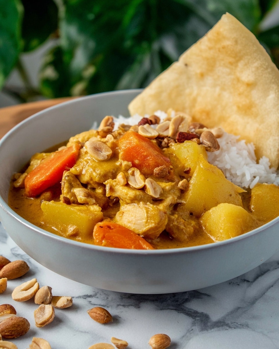 A bowl filled with three layers: the bottom layer is white rice, the middle layer is an orange-yellow thick stew with visible pieces of carrots and other vegetables, topped with a handful of whole peanuts. A piece of light brown flatbread is placed upright on one side of the bowl. The bowl is white and set on a white marbled surface, with scattered peanuts around it. There is fresh green parsley and a small white bowl of peanuts in the background. Photo taken with an iphone --ar 4:5 --v 7