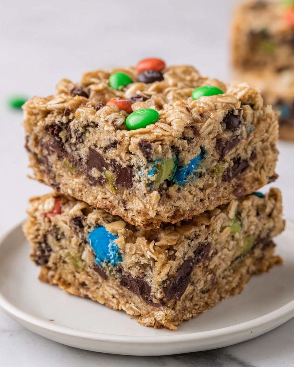 This image shows two thick square bars stacked on a white plate on a white marbled surface. Each bar has a rough texture with visible oats and chunks of dark chocolate mixed throughout. Bright green, blue, and brown candy-coated pieces are embedded inside and on the sides, adding spots of color against the light brown oat base. The bars have a dense, slightly crumbly look, with the top layer being slightly cracked and uneven. Photo taken with an iphone --ar 4:5 --v 7