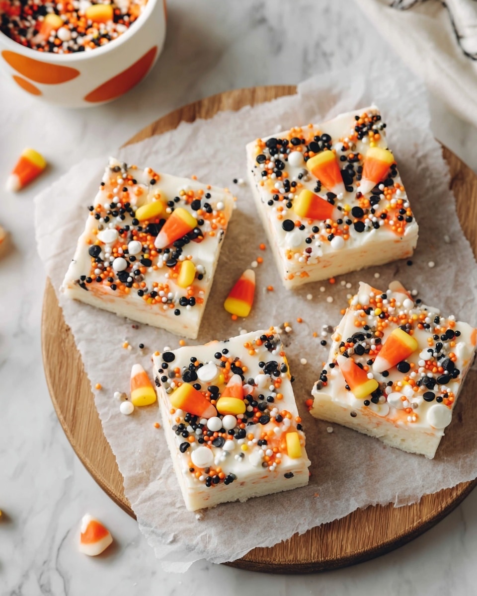 The image shows four square pieces of white fudge placed on white parchment paper on a wooden board. Each piece of fudge has three layers visible from the top: a smooth white base layer, a colorful topping layer with scattered candy corn pieces in orange, yellow, and white, and small round sprinkles in black, orange, and white scattered unevenly. The background is a white marbled surface with some candy corn pieces and pumpkin-shaped candies scattered around. There is a small orange pumpkin and a beige cloth napkin partially visible on the right side. photo taken with an iphone --ar 4:5 --v 7
