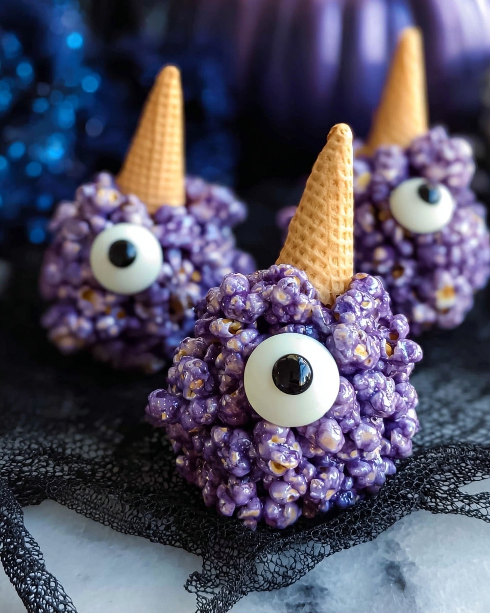 A close-up of three small purple popcorn balls, each decorated to look like a monster with one large white candy eye with a black center on the front side. On top of each popcorn ball is a small light orange cone placed like a horn. The popcorn pieces are tightly packed, glossy, and uneven textured. They sit on a black textured fabric that looks like fine mesh. The background has dark and blue tones with some sparkles, all on a white marbled surface. photo taken with an iphone --ar 4:5 --v 7