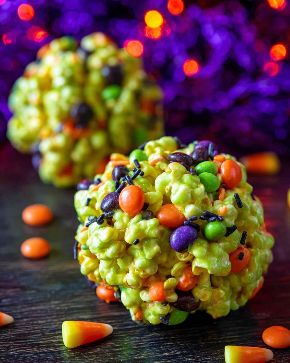 The image shows two round, popcorn balls with a bright yellow-green color, mixed with small orange candy pieces and colorful sprinkles in black, purple, and green. The popcorn balls look lumpy with shiny, sticky texture, and the candies and sprinkles are scattered evenly on the surface. They sit on a dark wooden surface with a blurred background featuring purple and orange decorative lights, adding a festive feel. Photo taken with an iphone --ar 4:5 --v 7