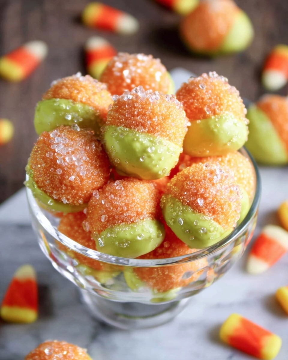 A glass bowl filled with small round treats on a white marbled surface. Each treat has two layers: the bottom layer is a smooth light green coating, and the top layer is a shiny orange coating covered with large clear sugar crystals. The treats are piled high in the bowl, and pieces of candy corn can be seen out of focus in the background. Photo taken with an iphone --ar 4:5 --v 7