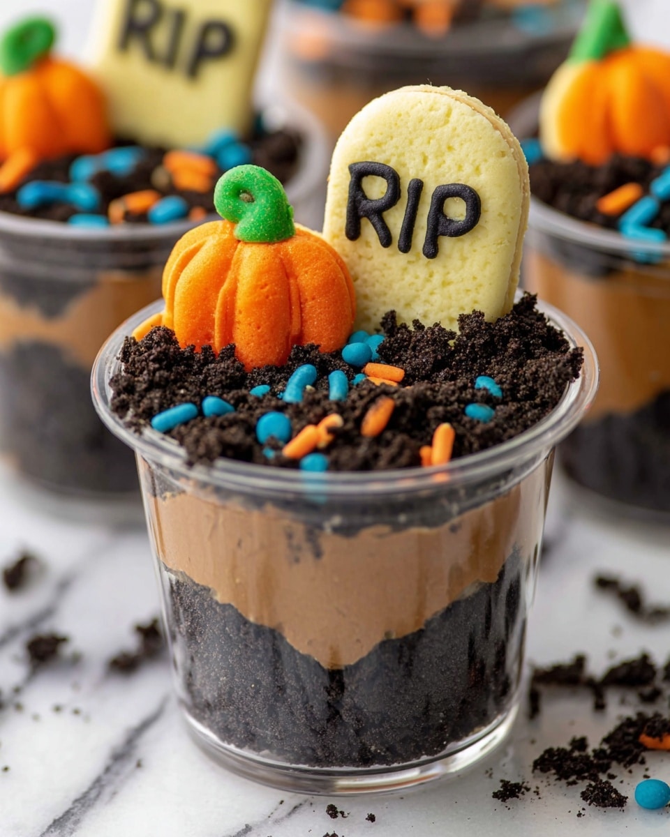 This image shows clear cups filled with layers of a creamy-looking brown chocolate mousse topped with dark, crumbly cookie crumbs that look like soil. Each cup has a small yellow cookie shaped like a tombstone with