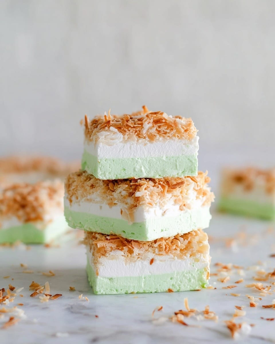 The image shows a stack of three square marshmallow-like treats, each with four layers from bottom to top: light green, white, light green, and white. Between the layers is a thin coating of golden toasted shredded coconut that also covers the top and bottom edges of the squares. The surface holding the treats is a white marbled texture scattered with more toasted coconut flakes. In the background, there is a soft, blurred white wall. photo taken with an iphone --ar 4:5 --v 7