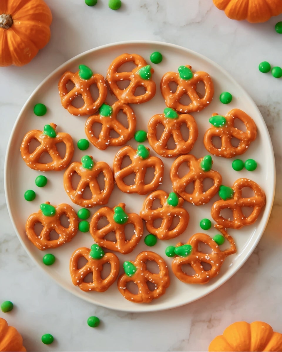 A white plate with sixteen orange pumpkin-shaped pretzels arranged in a circular pattern, each topped with a small green candy as the pumpkin stem, and scattered green candies filling some spaces between the pretzels, all on a white marbled surface with a few small orange pumpkins partially visible in the corner; photo taken with an iphone --ar 4:5 --v 7
