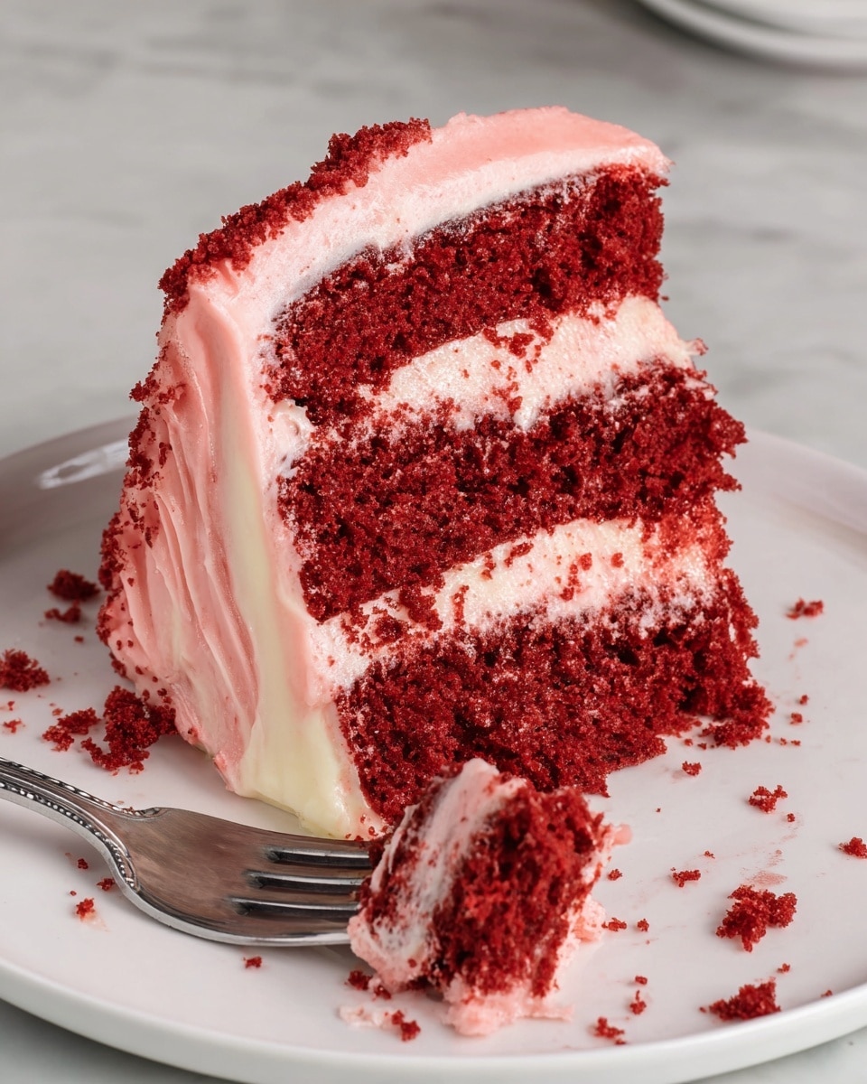 A slice of red velvet cake is shown on a white plate with three visible layers of deep red sponge cake, each separated by a smooth layer of pale pink frosting. The outer edge of the cake is coated with the same pink frosting, which looks creamy and soft. Crumbs from the cake are scattered around on the plate, and a silver fork holds a small bite of the cake with visible frosting between the layers. The background features a white marbled surface. photo taken with an iphone --ar 4:5 --v 7