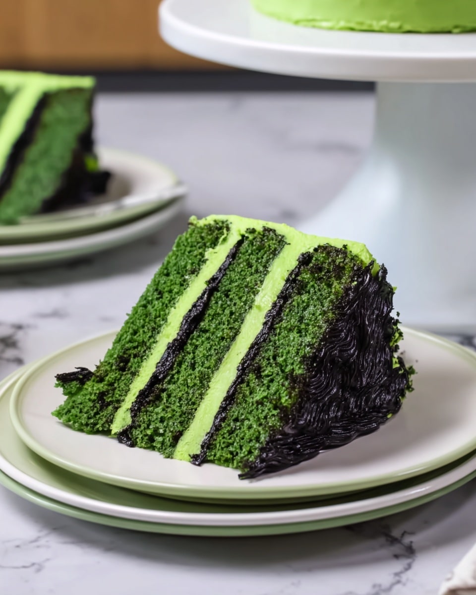 A slice of three-layer green cake with bright green frosting between each layer sits on a white plate. The green cake layers have a moist, dense texture, while the frosting between them is smooth and creamy. The outer side of the slice is covered in thick black frosting with a slightly shiny and textured look. The plate is placed on a white marbled surface, and in the background, there is a white cake stand with more of the same green cake and another white plate with a small piece of green cake on it. Photo taken with an iphone --ar 4:5 --v 7