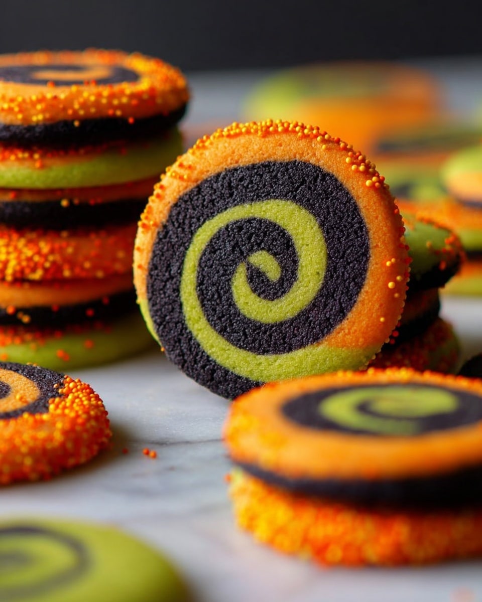 The image shows cookies with a spiral pattern in two main color pairs: orange and black, and green and black. Each cookie has two layers, with one color spiraling tightly into the other. The orange and black cookies are sprinkled with small round orange and black candy beads on the outer edge, adding texture. The cookies are stacked and placed on a white marbled surface. The focus is on a cookie in the center standing upright, with others stacked flat nearby and blurred in the background. Photo taken with an iphone --ar 4:5 --v 7