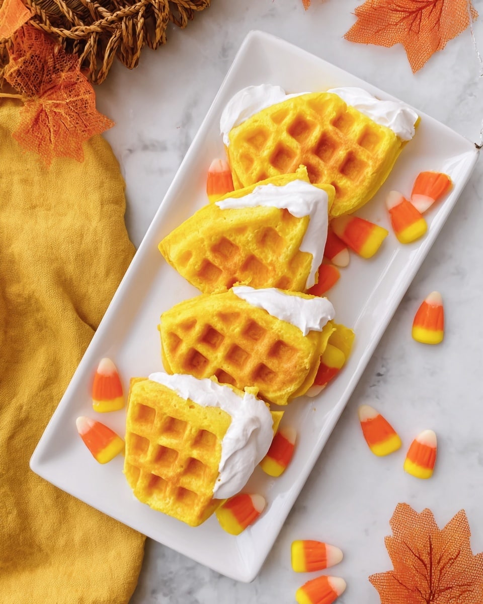 The image shows a white rectangular plate with four quartered yellow waffles stacked somewhat unevenly. Each waffle quarter has light browning on the top surface, creating a warm gradient of yellow to golden brown with the classic waffle grid texture. White frosting or cream is spread on the edges of each waffle piece, adding a smooth contrast to the rough waffle texture. Several small candy corns, with their white, orange, and yellow layers, are scattered around the plate and the white marbled surface. The setting also includes a yellow cloth on the left and some fall-themed woven decorations and orange leaves placed around, all on a white marbled background. photo taken with an iphone --ar 4:5 --v 7