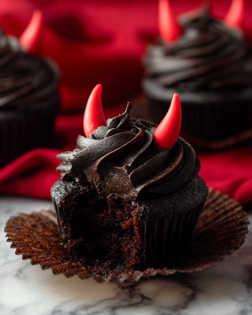 Four dark chocolate cupcakes are shown, each topped with a thick swirl of dark chocolate frosting. On top of the frosting are two bright red, curved horn shapes made of icing, positioned to look like devil horns. A thin red icing line wraps around the frosting, ending in a pointed tail shape. The cupcakes are placed on a black and red cloth with a white marbled surface below. The focus is on the front cupcake with the others slightly blurred in the back. Photo taken with an iphone --ar 4:5 --v 7