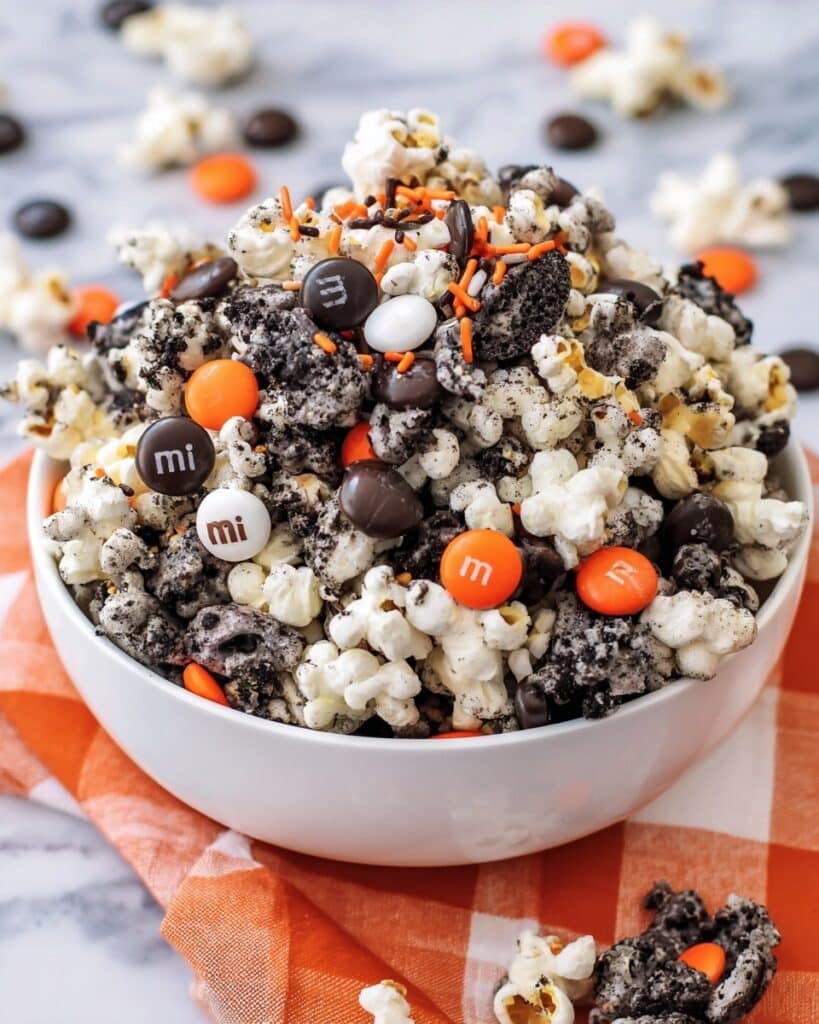 Halloween Popcorn with M&Ms, Oreos, and White Chocolate Recipe