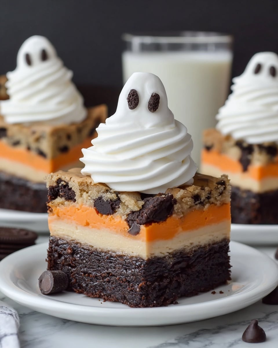A square-shaped dessert on a white plate shows four distinct layers: the bottom layer is a thick, dark brown brownie; above that is a thinner, bright orange layer; on top of the orange layer is another dark brown layer; the top layer is a light beige cookie dough with chocolate chips throughout. On top of the dessert is a tall swirl of white whipped cream with two small chocolate chips placed near the top. In the background, there are similar desserts on white plates and a glass of milk, all set on a white marbled surface. photo taken with an iphone --ar 4:5 --v 7