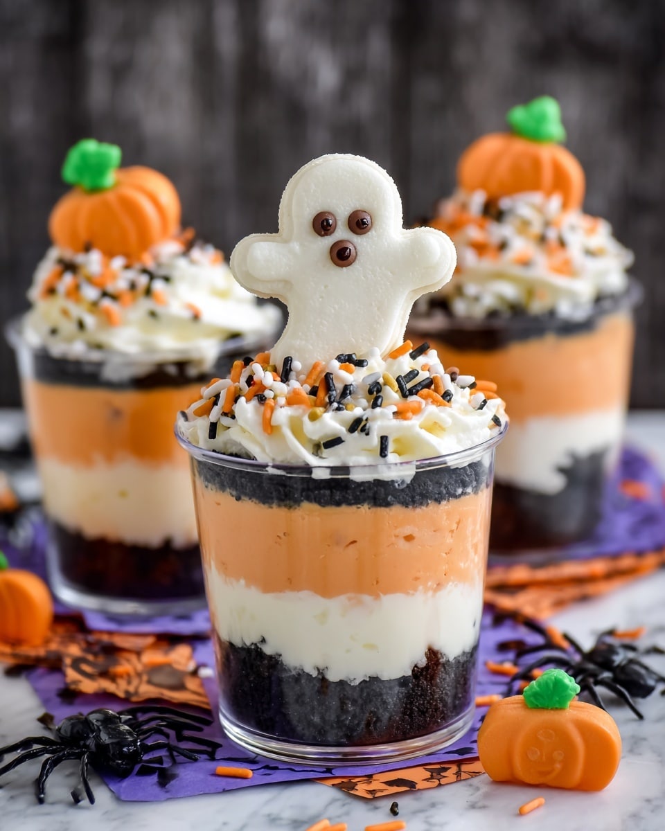 The image shows a clear cup with three layers of dessert: the bottom layer is dark purple, the middle layer is creamy white, and the top layer is orange. On top, there is white whipped cream decorated with small black, orange, and green sprinkles, and black and orange candy pieces shaped like spiders and leaves. A white ghost-shaped cookie stands upright in the whipped cream. A small candy pumpkin with orange and green details is attached to the outside of the cup near the bottom. The cup is placed on a black spiderweb-shaped coaster over a purple napkin, all set on a white marbled surface. In the background, there are similar cups and a small white bowl filled with more decorations. photo taken with an iphone --ar 4:5 --v 7