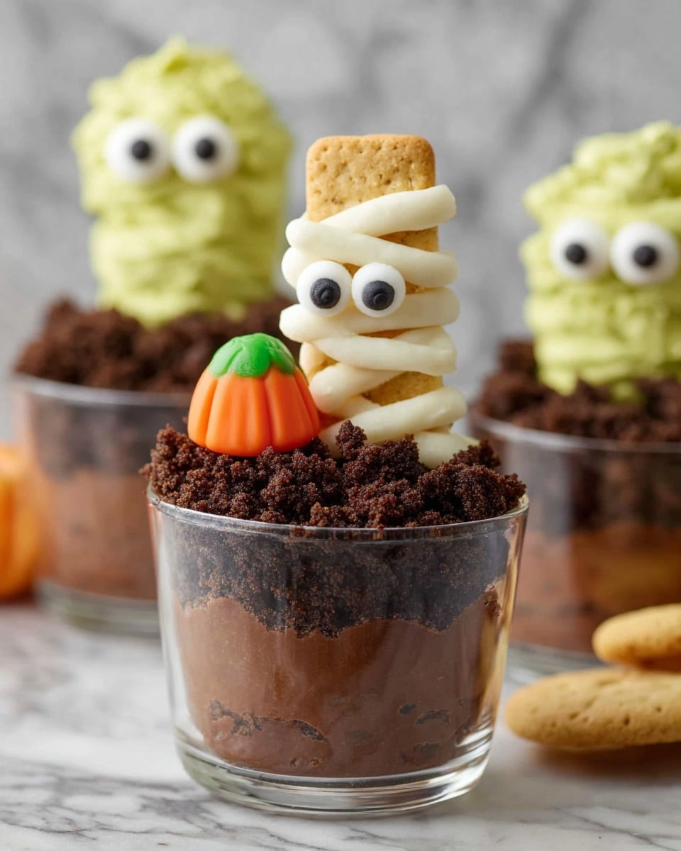 The image shows a clear glass cup filled with a dark brown pudding layer at the bottom, topped with a crumbly, rough-textured chocolate cookie crumb layer that looks like soil. On top of the crumbs, there is a small orange and green pumpkin-shaped candy positioned on one side. A rectangular biscuit stick is standing upright in the middle, wrapped in thick, white cream icing swirled to look like mummy wrappings, with two large white candy eyes with black centers attached near the top. In the background, a similar glass has a green cream mummy with candy eyes on cookie crumbs, all set on a white marbled surface. Photo taken with an iphone --ar 4:5 --v 7