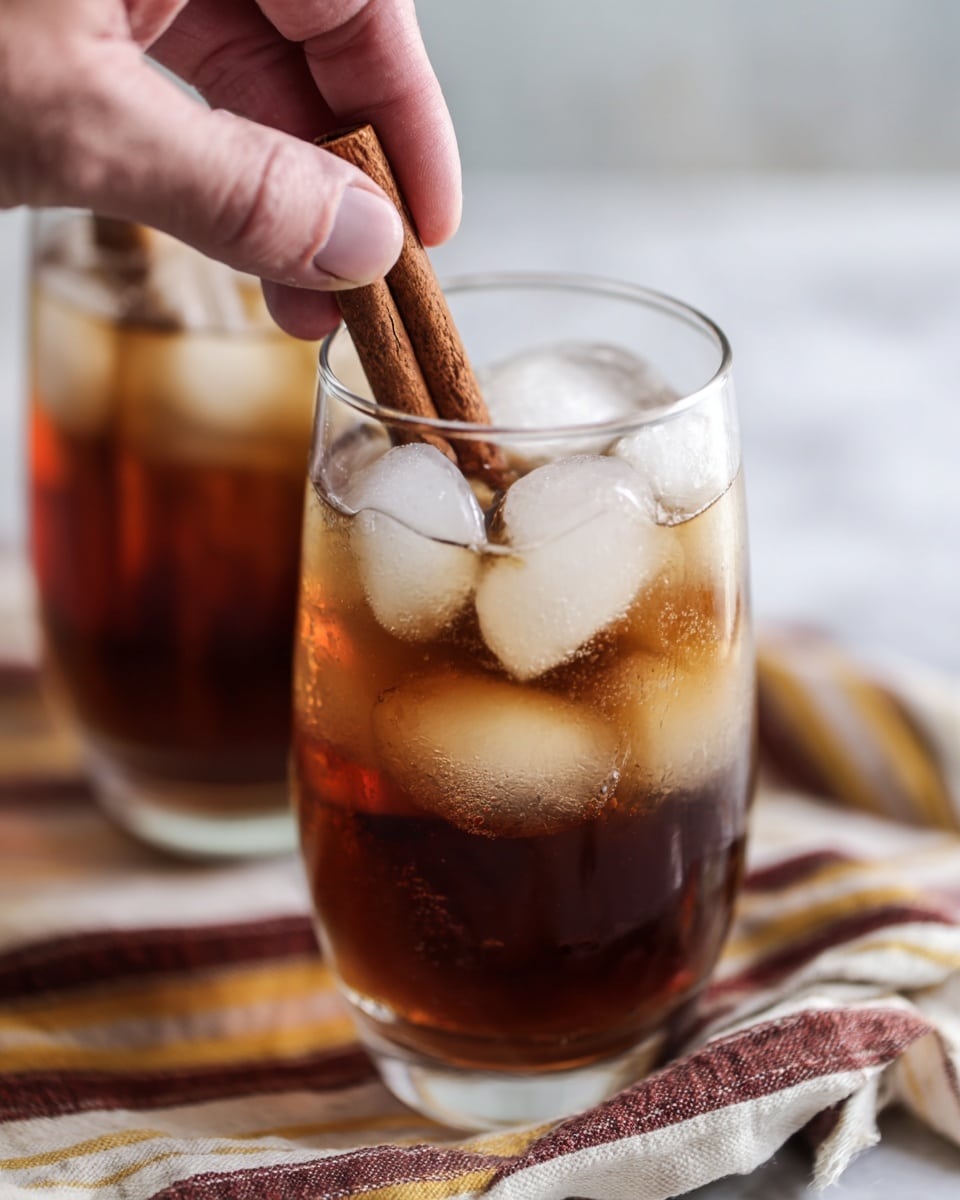 Two short clear glasses sit on a folded striped cloth on a wooden table with a white marbled background. Each glass is filled with amber-brown liquid and large ice cubes that shine from the light. A single dark brown cinnamon stick stands upright inside each glass, with droplets of condensation on the glass surface showing coolness. In the background, there is a blurred white pitcher holding colorful flowers. The scene feels fresh and inviting. photo taken with an iphone --ar 4:5 --v 7