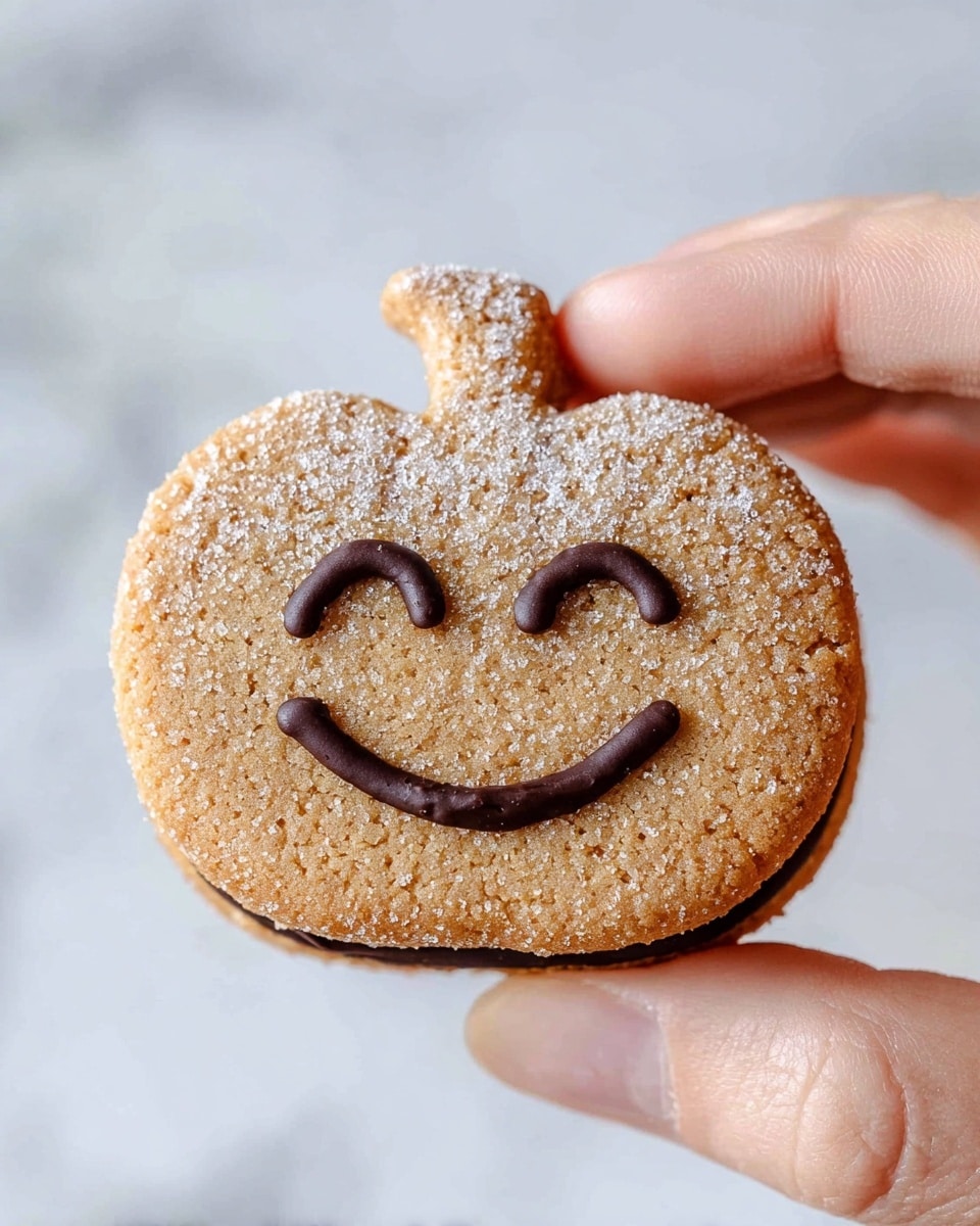 A close-up of a pumpkin-shaped cookie with two visible layers held between a woman's thumb and forefinger against a white marbled background. The cookie is light brown, dusted lightly with powdered sugar, and decorated with a smiling face made of dark chocolate filling showing two closed eyes and a curved mouth. The cookie's texture looks slightly crumbly with fine sugar sprinkled evenly on the surface. The cake layers are clearly visible, showing that the chocolate filling is sandwiched between two cookie layers. Photo taken with an iphone --ar 4:5 --v 7